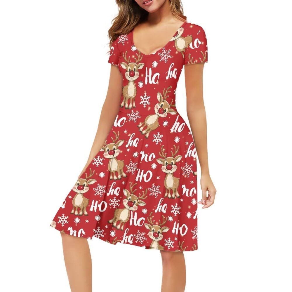 4513 Christmas Deer Print Dress Short Sleeve Xmas Dresses Cartoon Deer